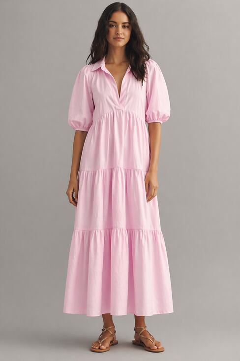 TIG by Renata Figueiredo Dresses & Skirts - TIG Renata Figueiredo S Pink Tiered Maxi Dress Puff Sleeve Cottagecore Resort